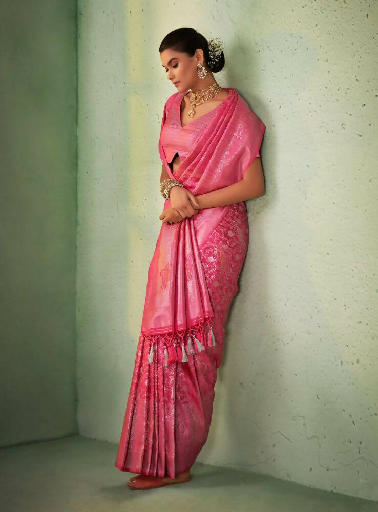 Pink Kanjivaram Silk Saree with Traditional Weaving and Tassels