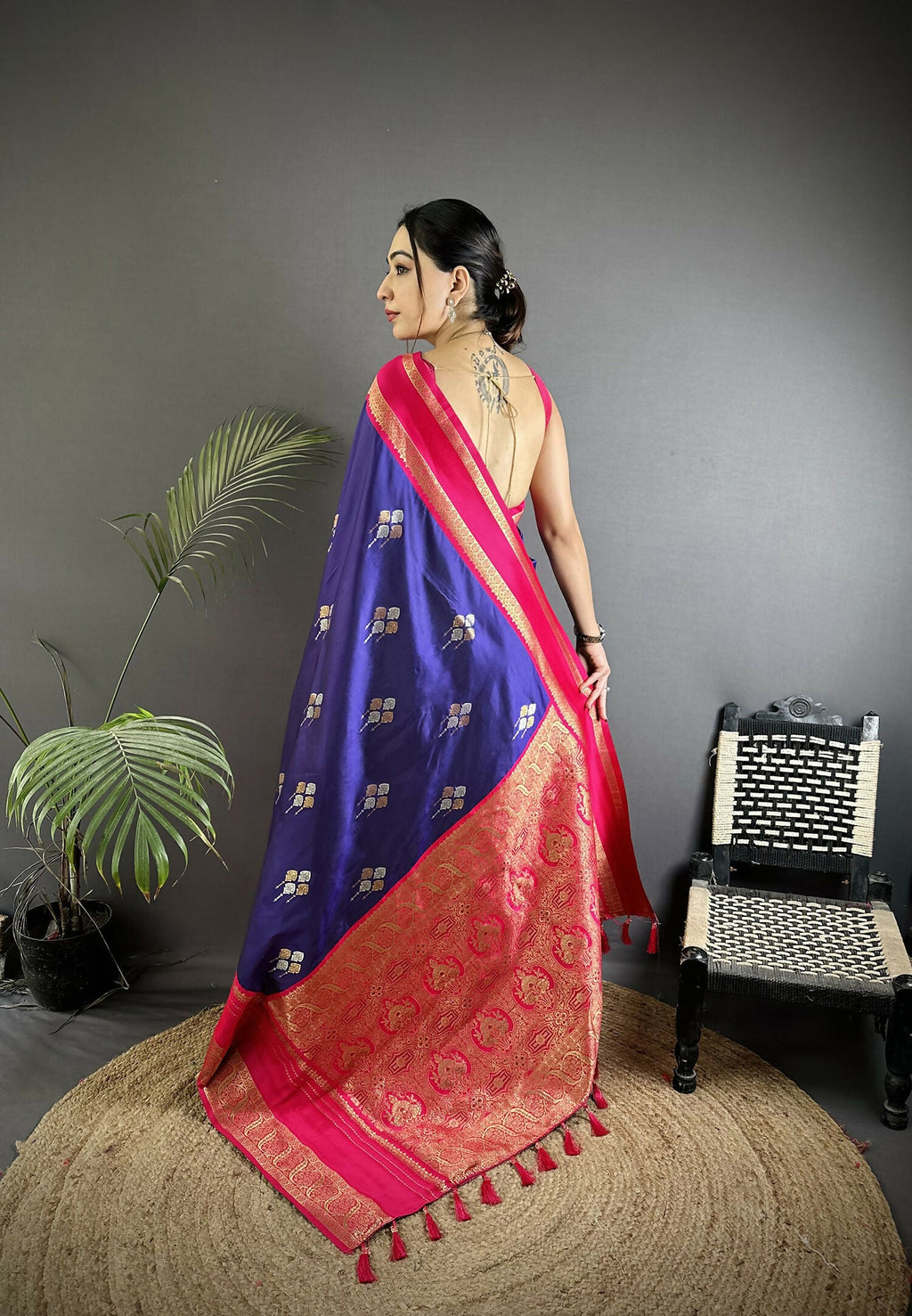 Violet Banarasi Soft Silk Saree with Magenta Blouse Piece