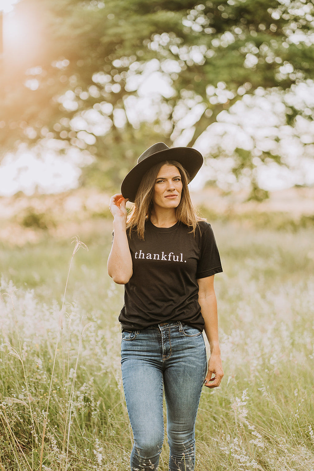 thankful. Cotton Graphic Tee - Minimalist Casual Women's Top