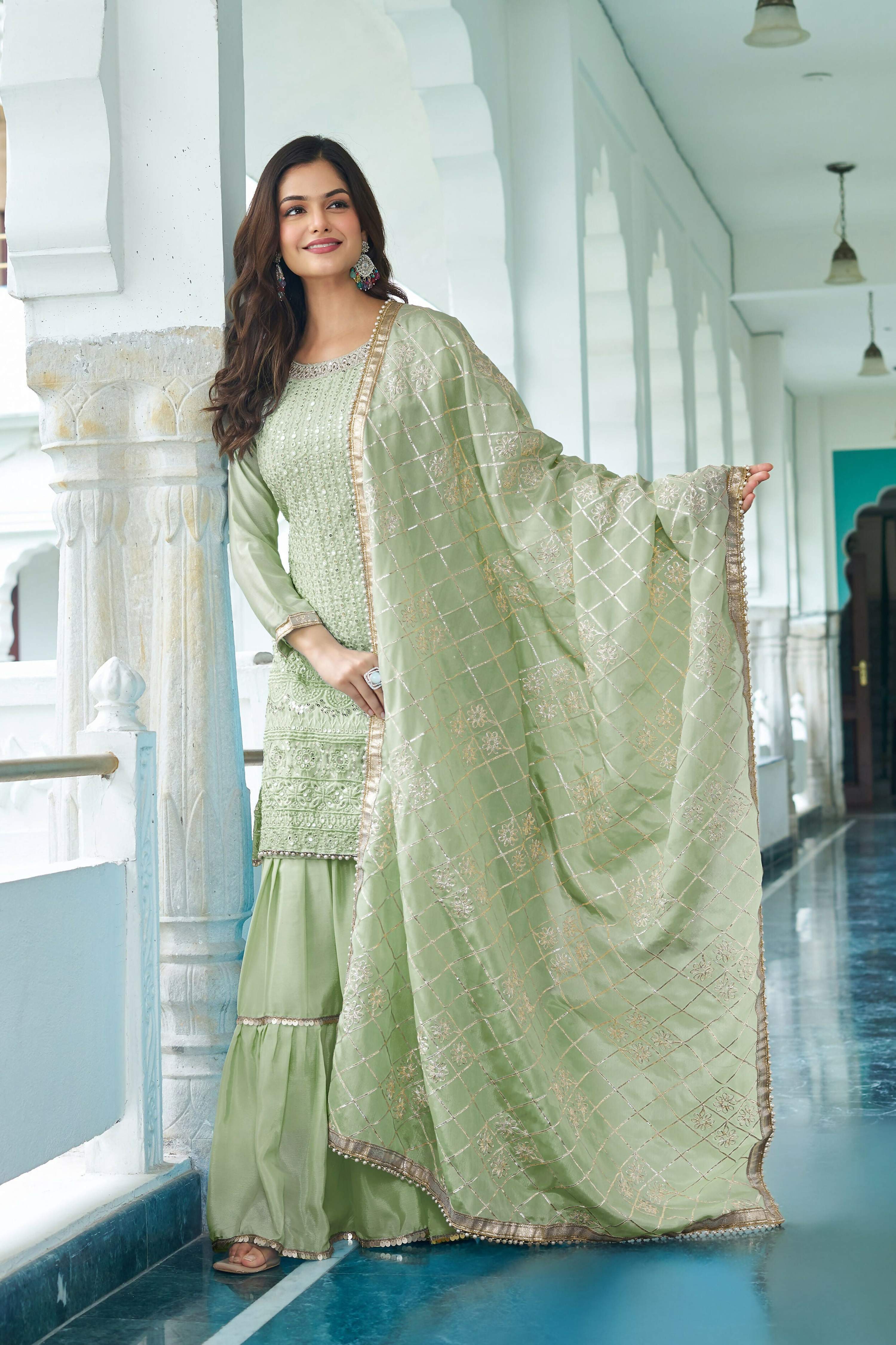 Pista Chinon Silk Kurta Set with Embroidery and Sequence Work