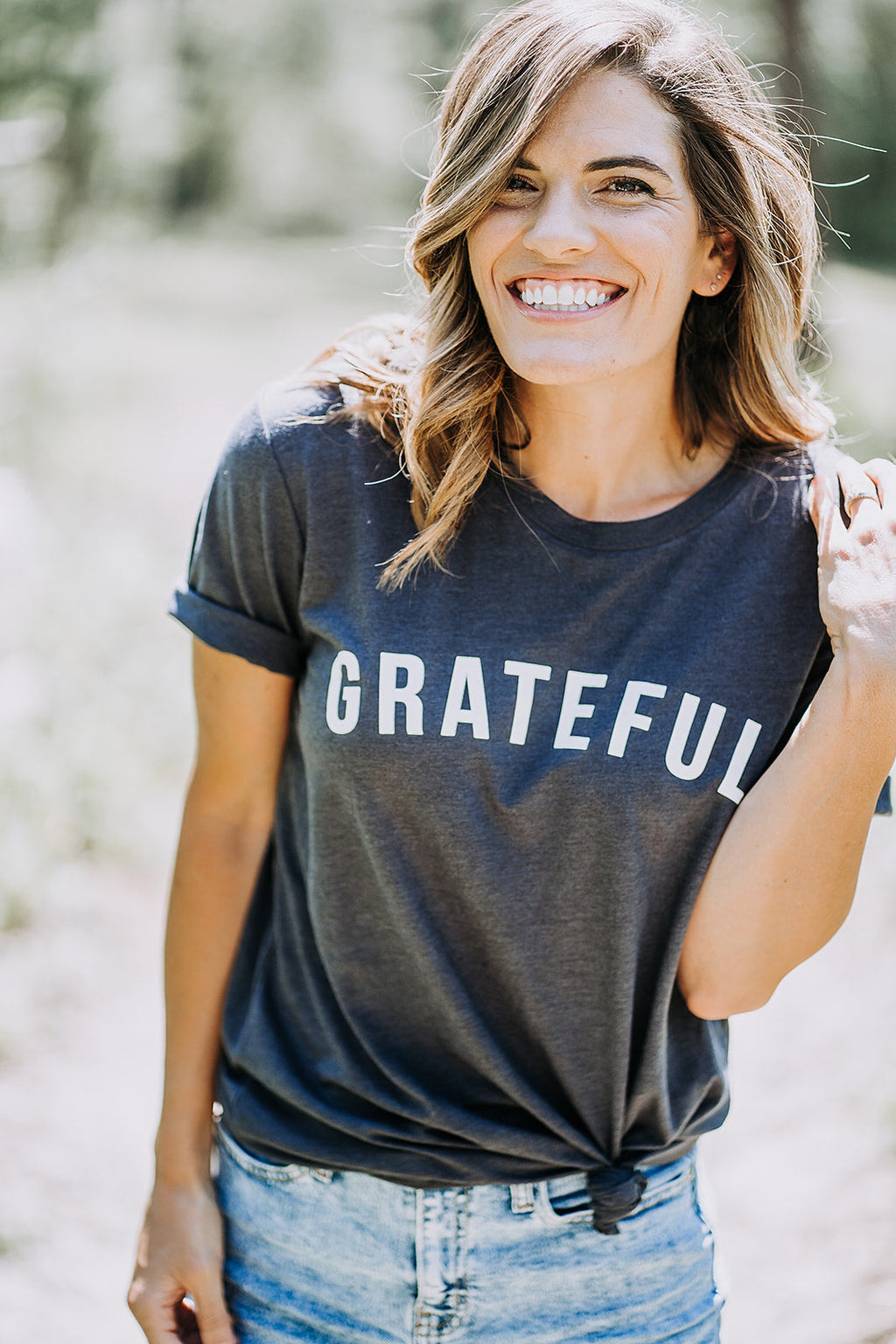 Relaxed fit charcoal grey Grateful cotton crew neck tee for women and men
