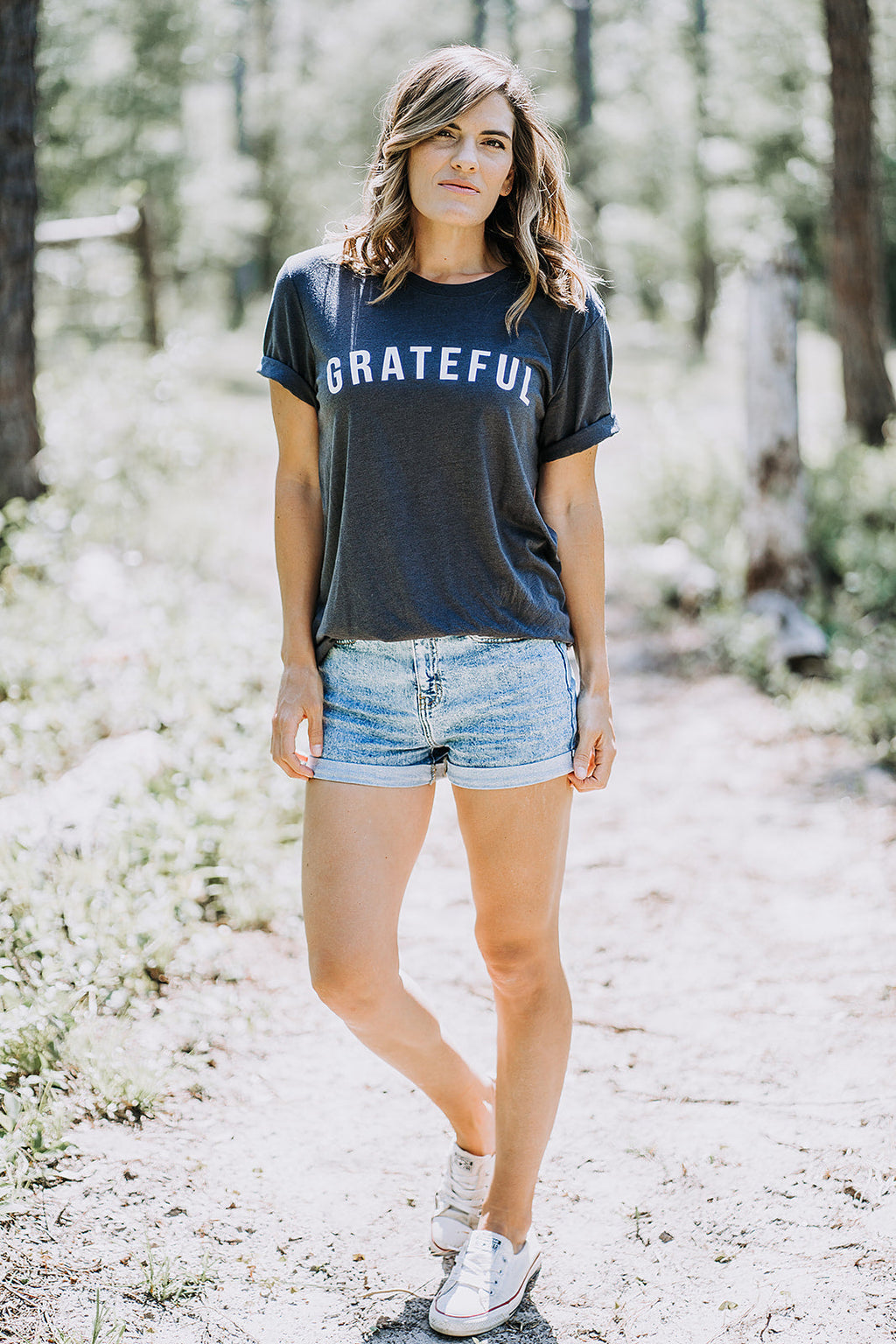 Grateful Unisex Cotton Crew Neck Tee - Charcoal Grey & White