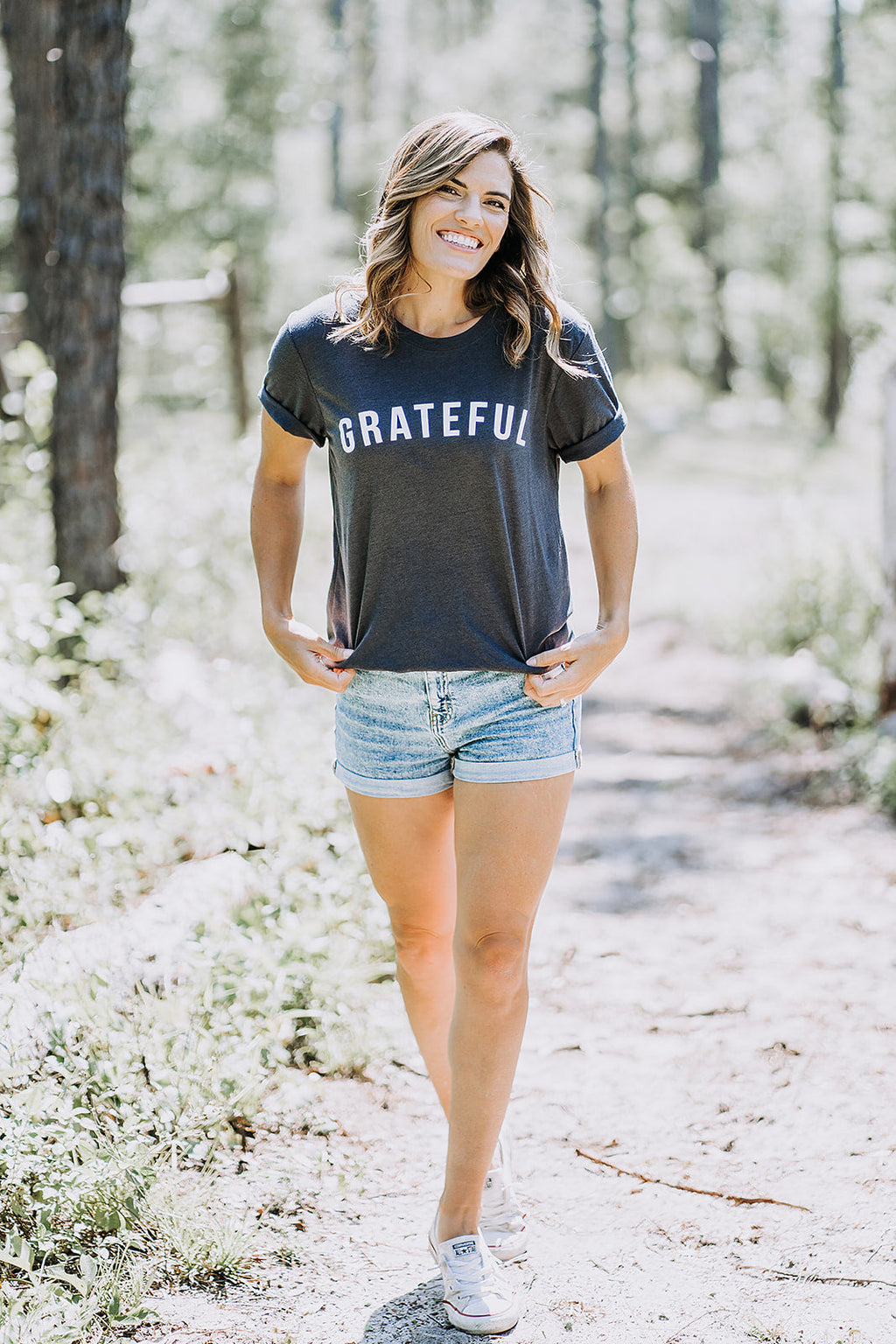 Grateful Unisex Cotton Crew Neck Tee - Charcoal Grey & White
