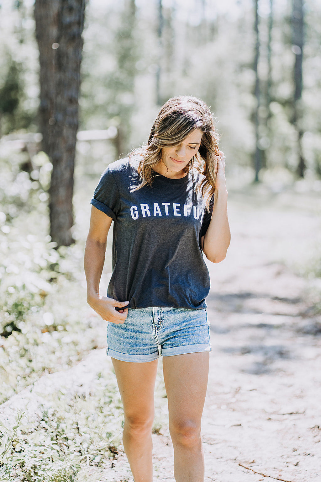 Grateful Unisex Cotton Crew Neck Tee - Charcoal Grey & White