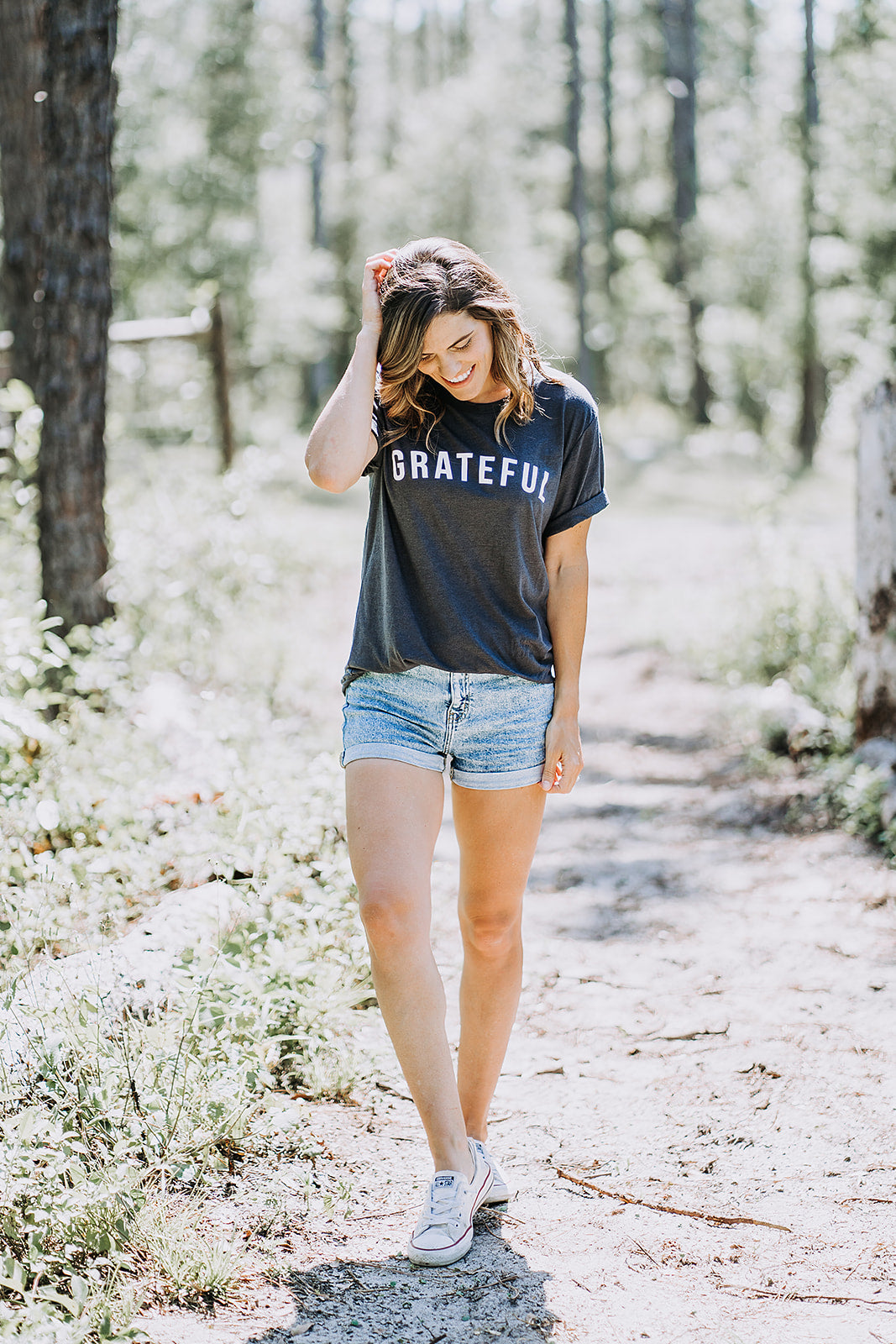 Grateful Unisex Cotton Crew Neck Tee - Charcoal Grey & White