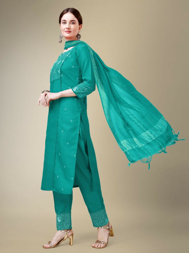 Women's Rama Cotton Blend Embroidered Straight Kurta Set with Dupatta