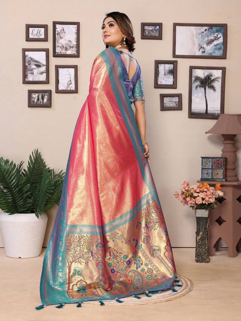 Pink Tissue Silk Saree with Intricate Weaving Detail