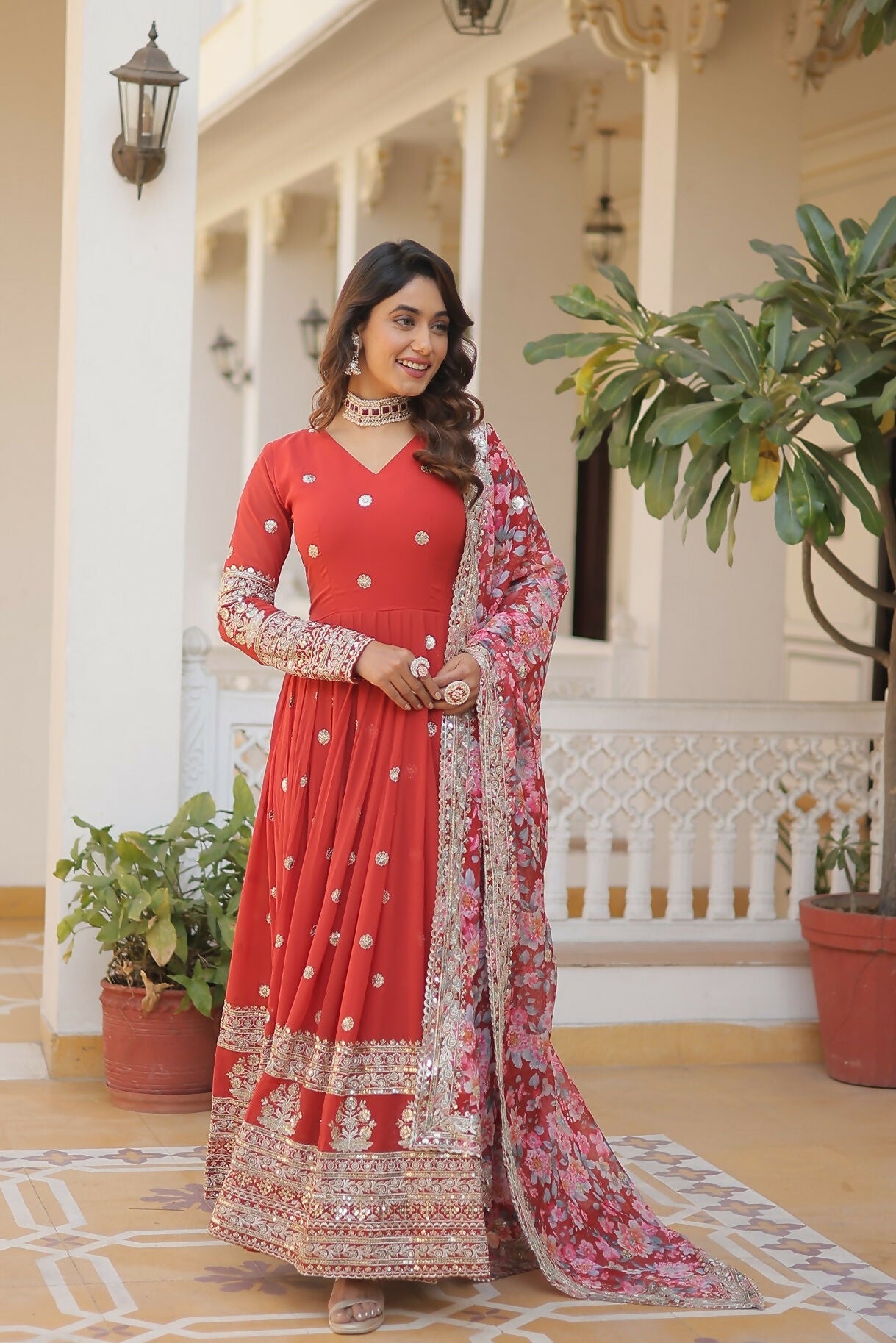 Orange Georgette Kurta Set with Sequence Embroidery Work