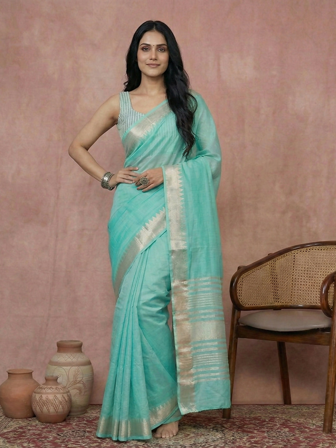 Lightweight turquoise cotton saree with matching blouse material