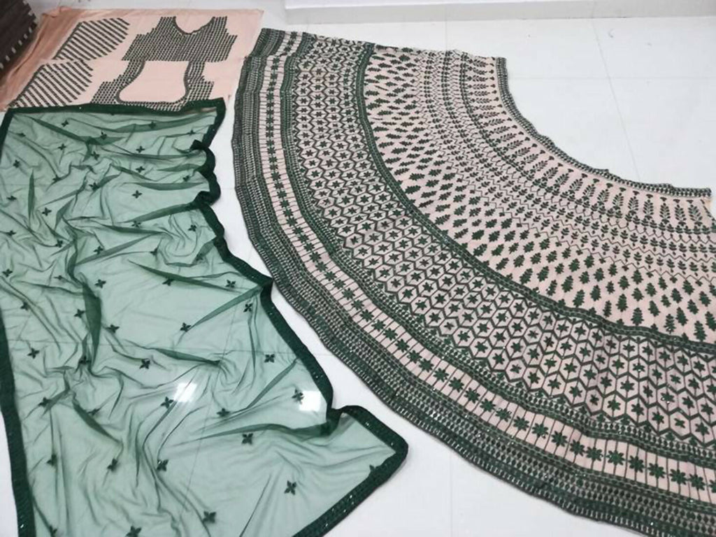 Teal Green and Cream Georgette Lehenga Choli with Thread Embroidery