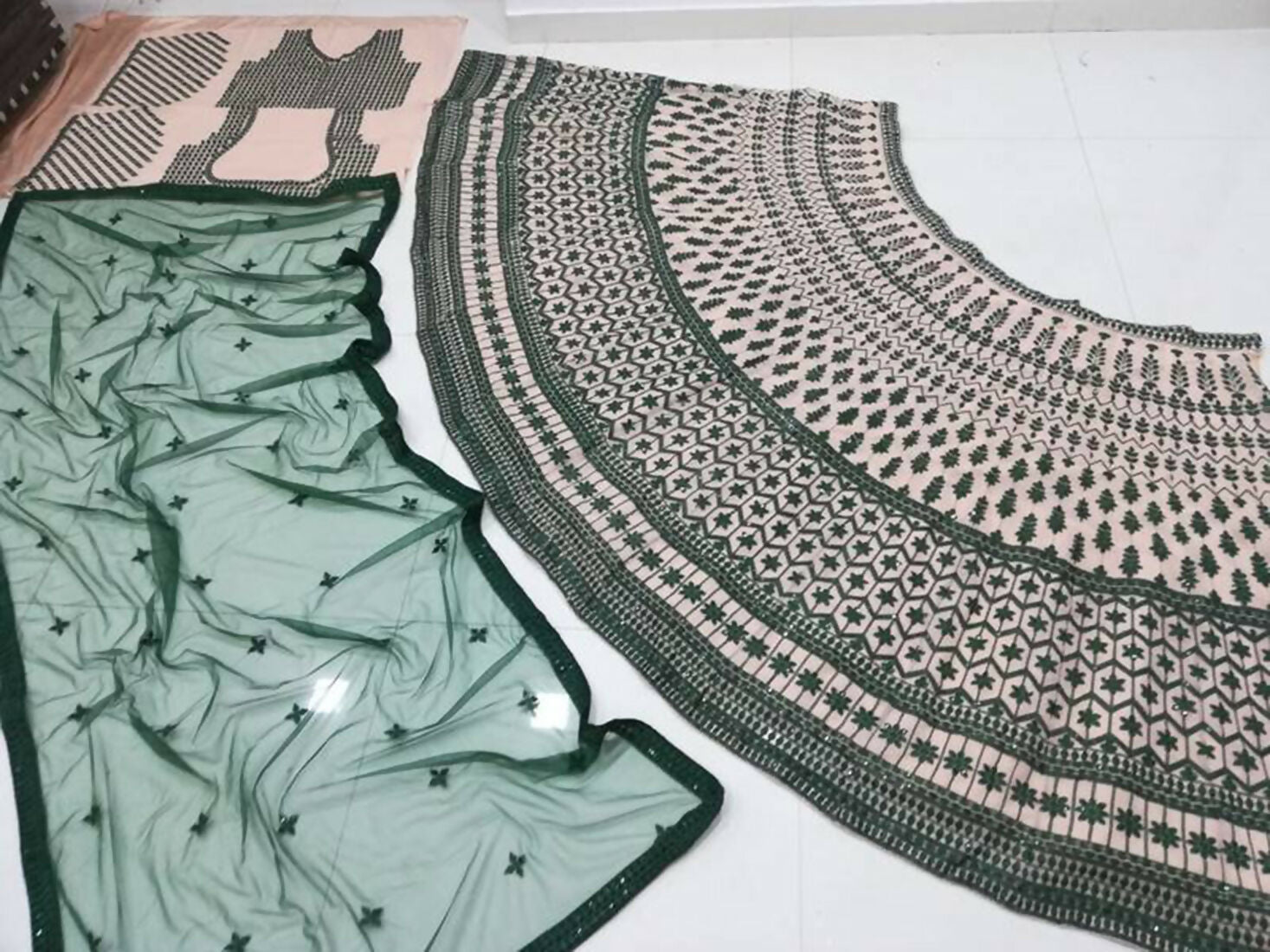 Teal Green and Cream Georgette Lehenga Choli with Thread Embroidery