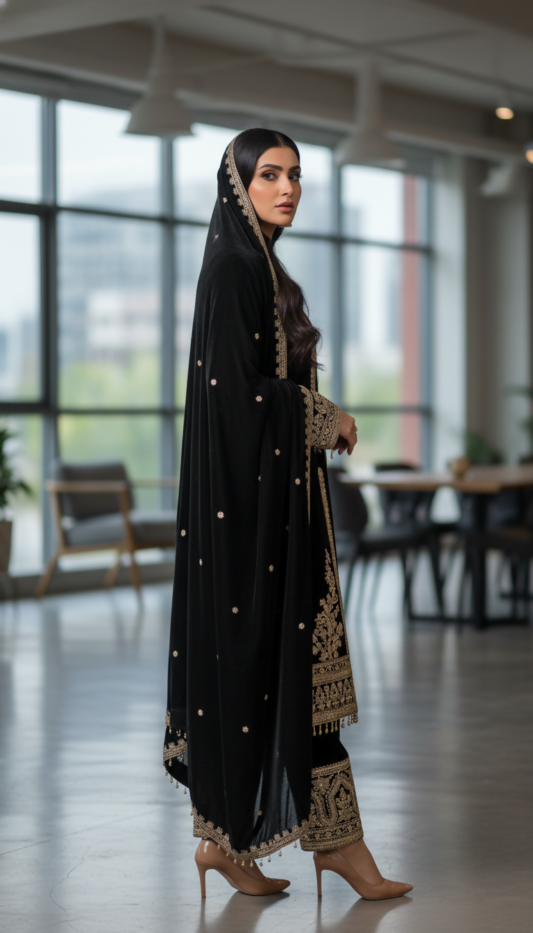 Black Velvet Embroidered Sequence Work Readymade Kurta Set