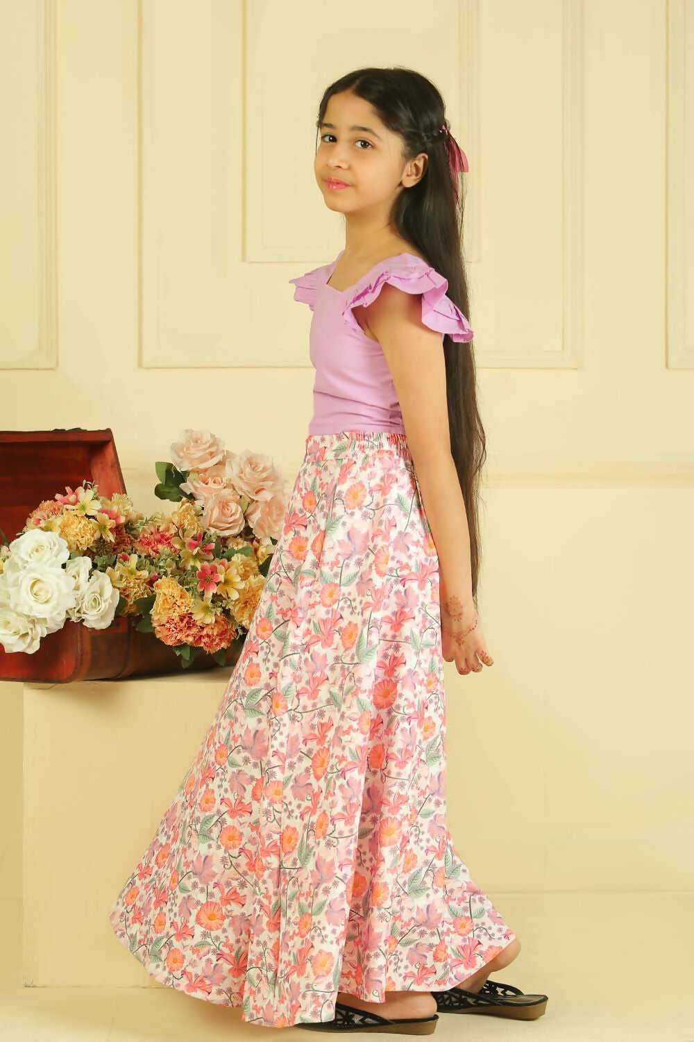 Lavender Cotton Ruffle Maxi Top & Flared Skirt Set