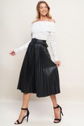 Black Faux Leather Pleated Midi Skirt with Belt