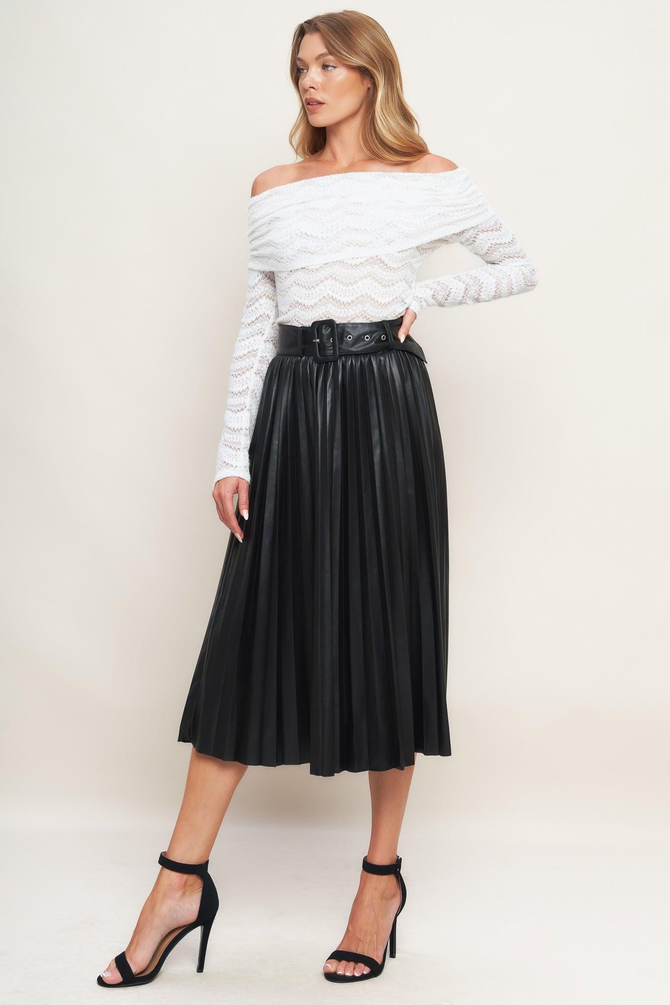Black Faux Leather Pleated Midi Skirt with Belt