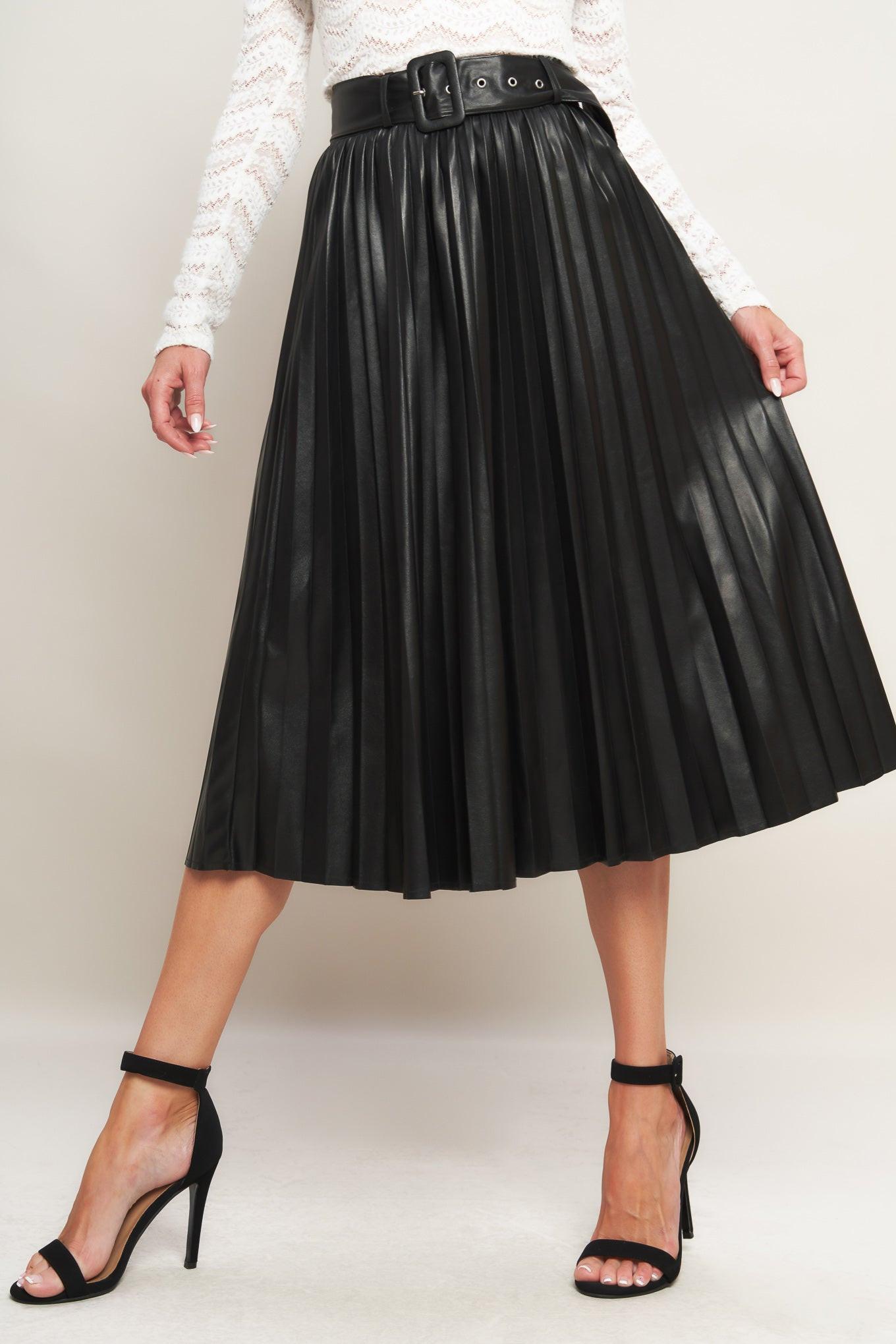 Black Faux Leather Pleated Midi Skirt with Belt