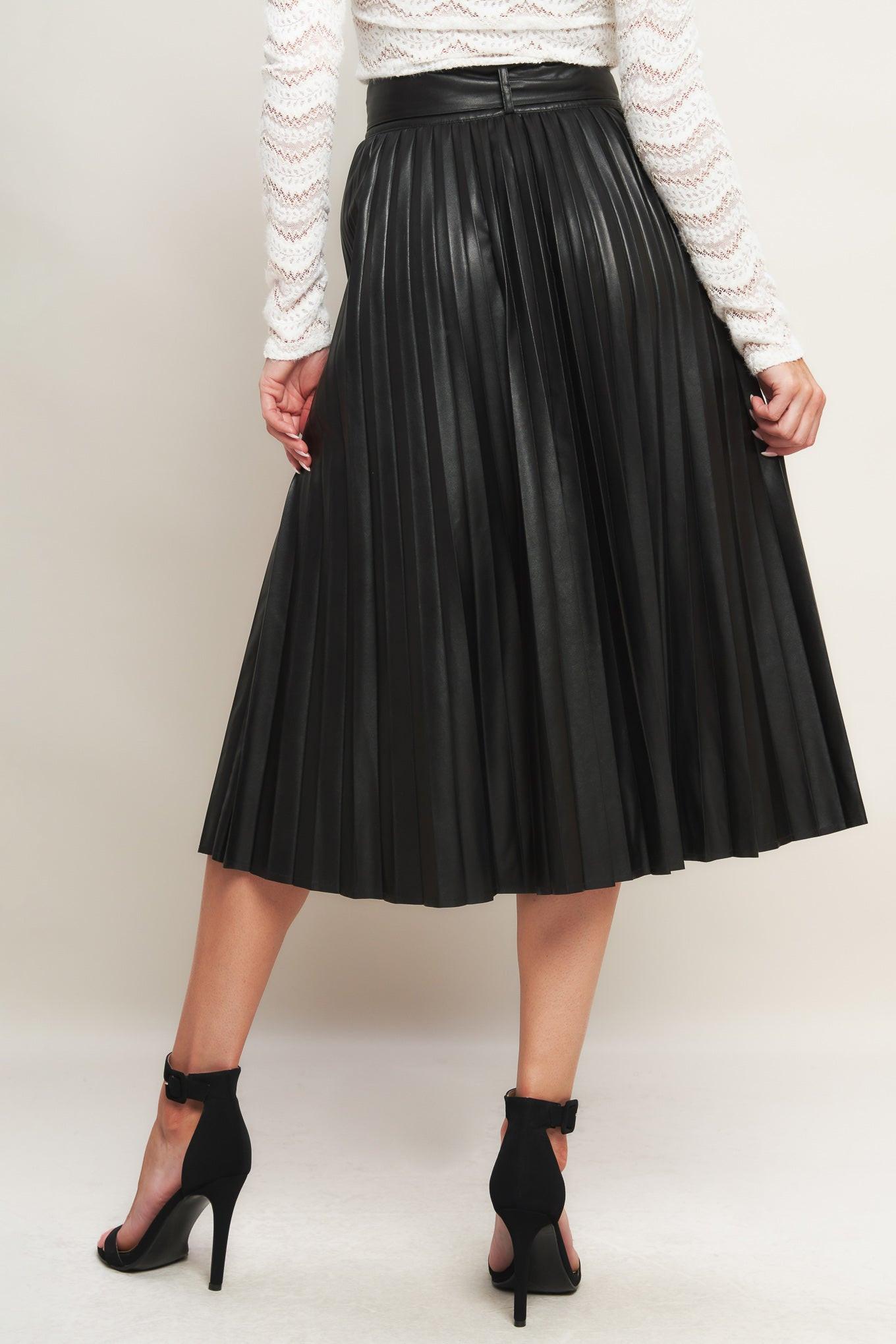 Black Faux Leather Pleated Midi Skirt with Belt