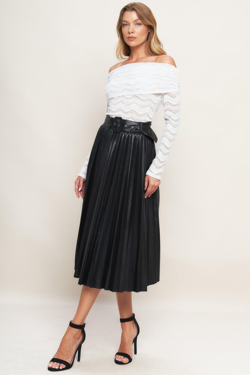 Black Faux Leather Pleated Midi Skirt with Belt