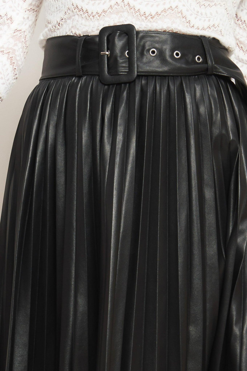 Black Faux Leather Pleated Midi Skirt with Belt