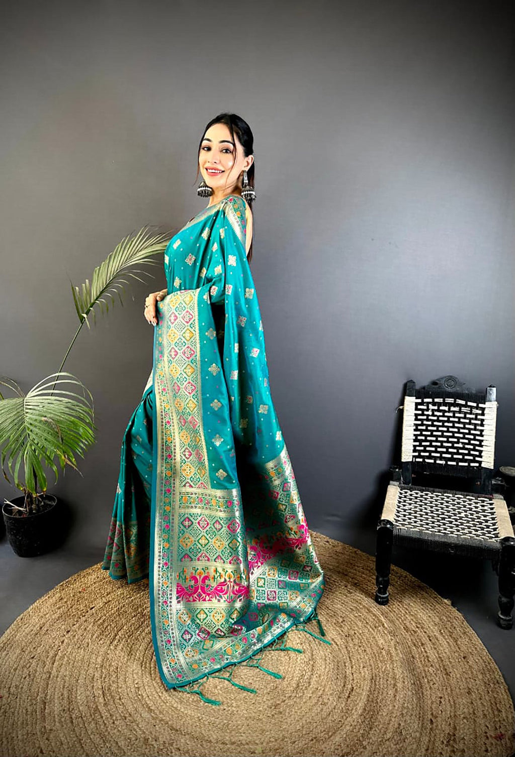 Teal Banarasi Lichi Silk Saree with Meenakari Weaving & Blouse