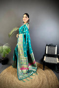 Teal Banarasi Lichi Silk Saree with Meenakari Weaving & Blouse