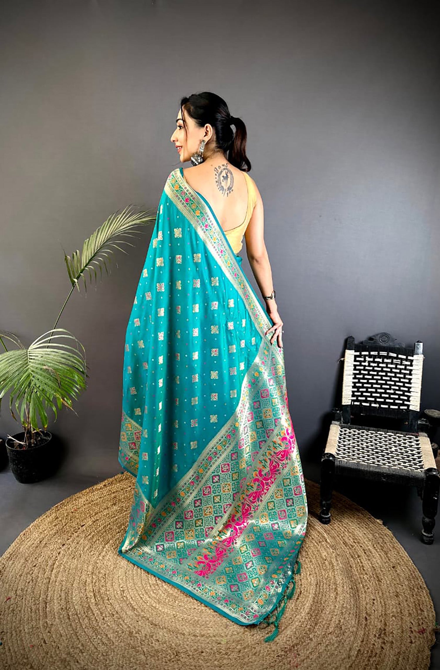 Teal Banarasi Lichi Silk Saree with Meenakari Weaving & Blouse