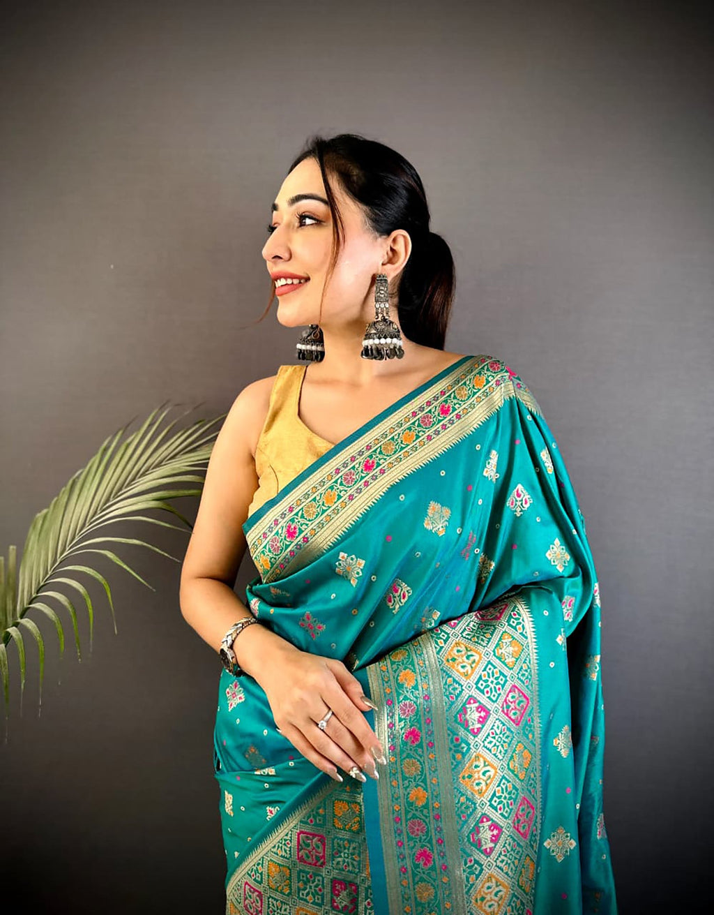 Teal Banarasi Lichi Silk Saree with Meenakari Weaving & Blouse
