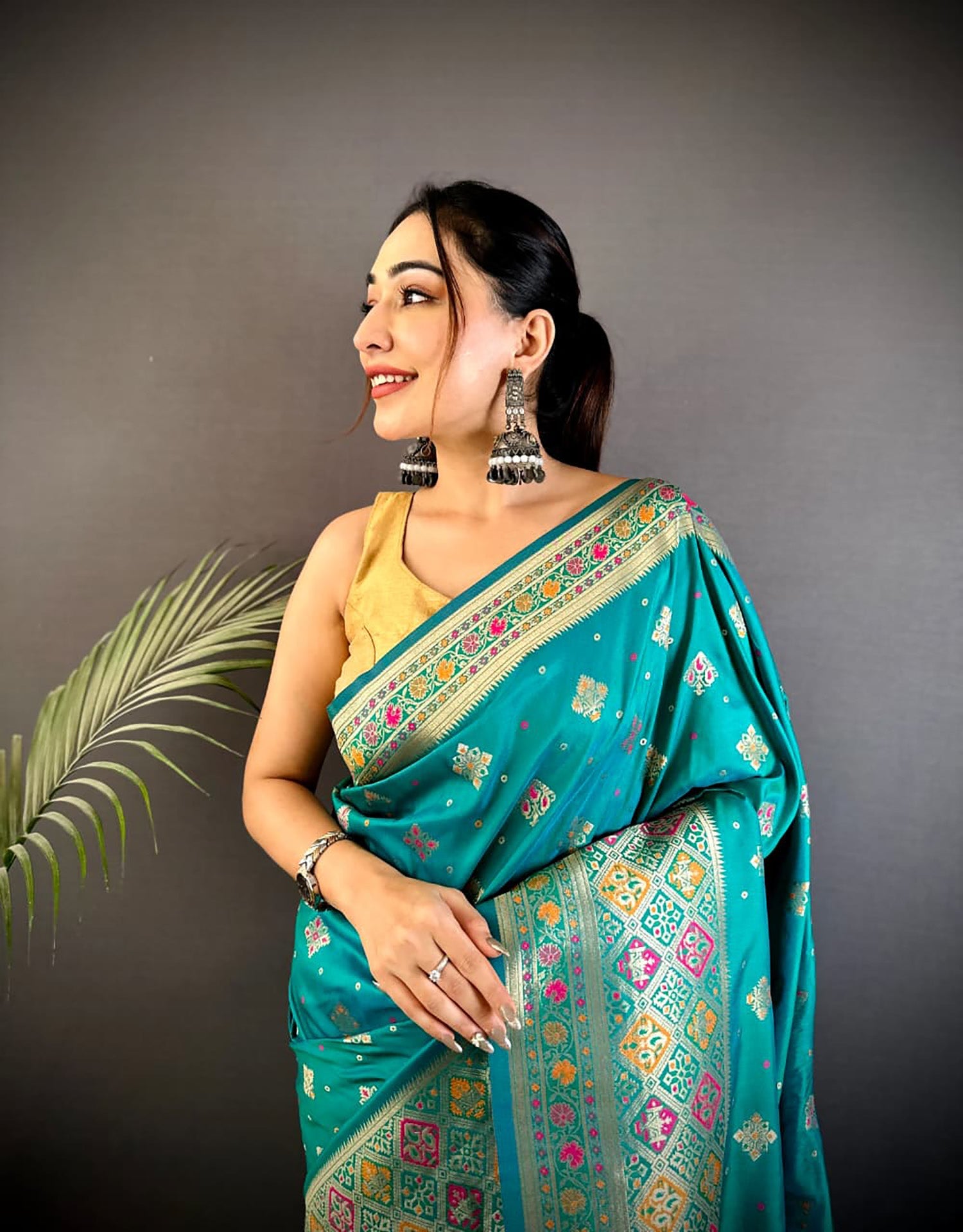 Teal Banarasi Lichi Silk Saree with Meenakari Weaving & Blouse