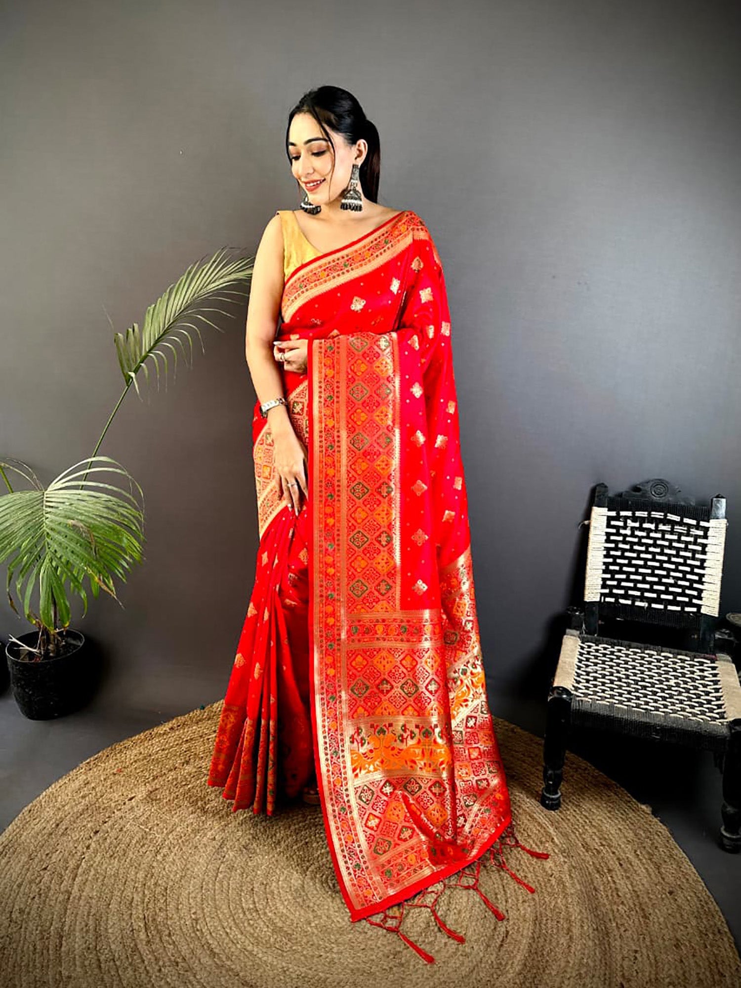 Classic red Banarasi Lichi Silk saree with Meenakari weaving