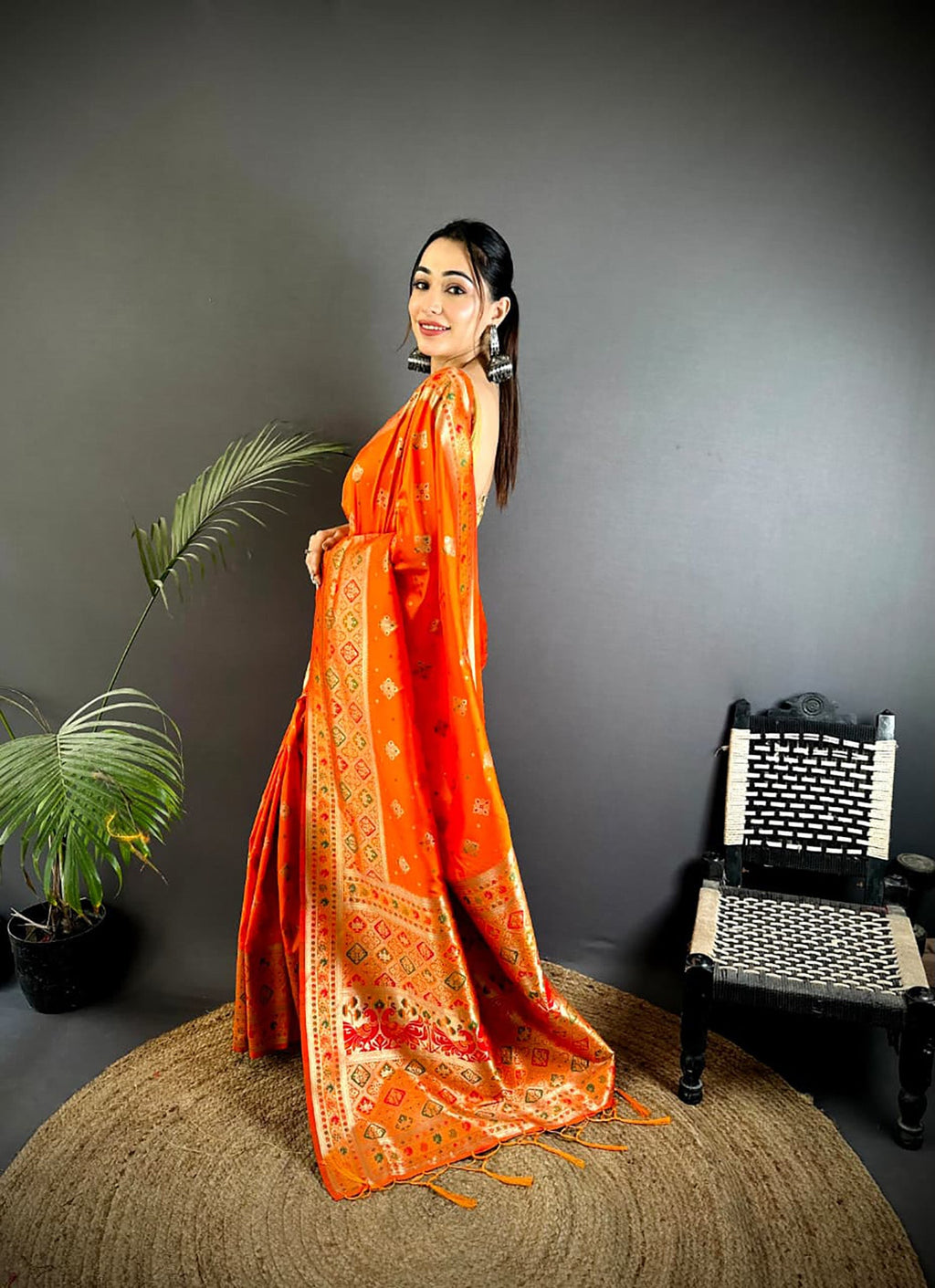 Orange Banarasi Lichi Silk Saree with Meenakari Weaving