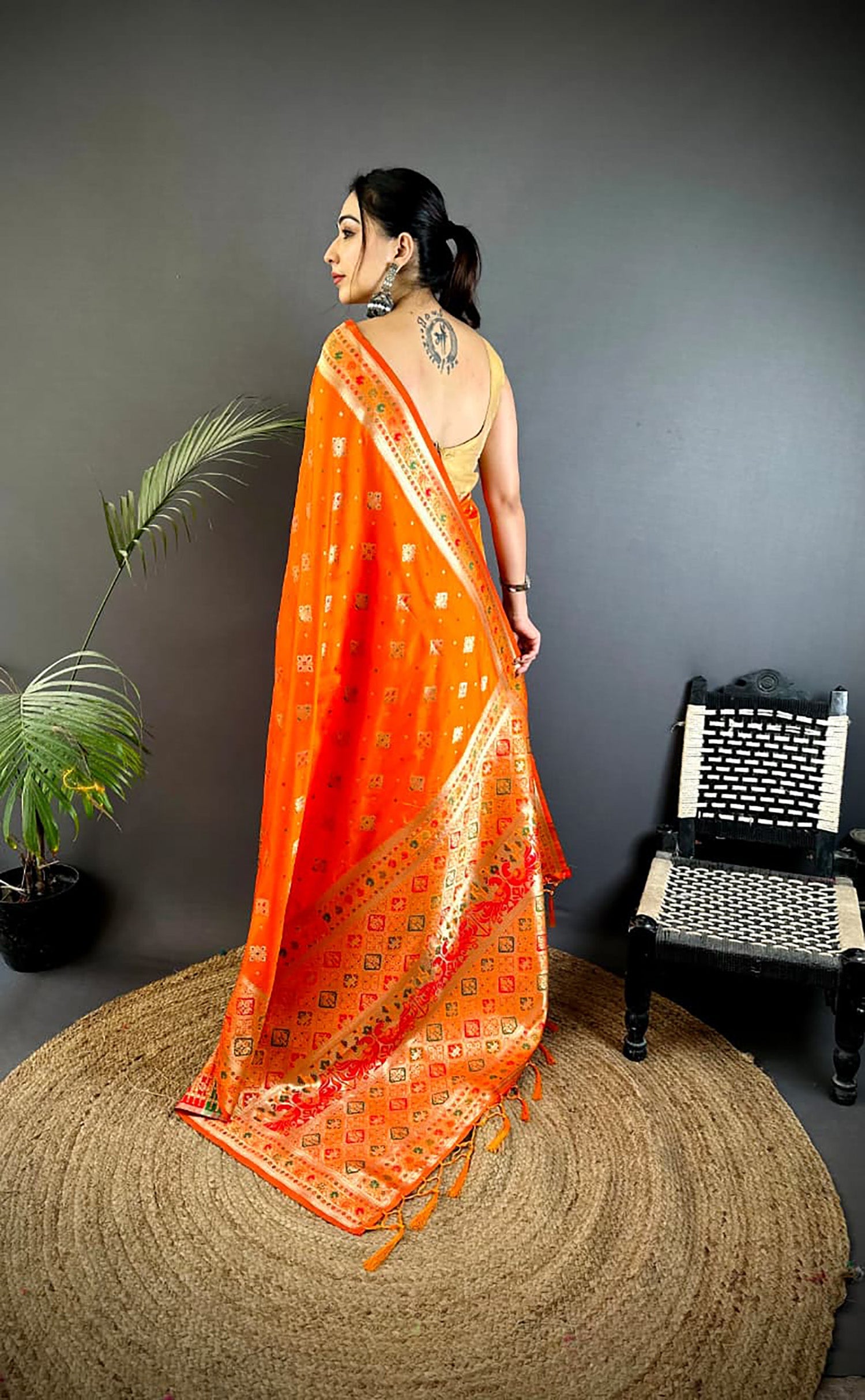 Orange Banarasi Lichi Silk Saree with Meenakari Weaving