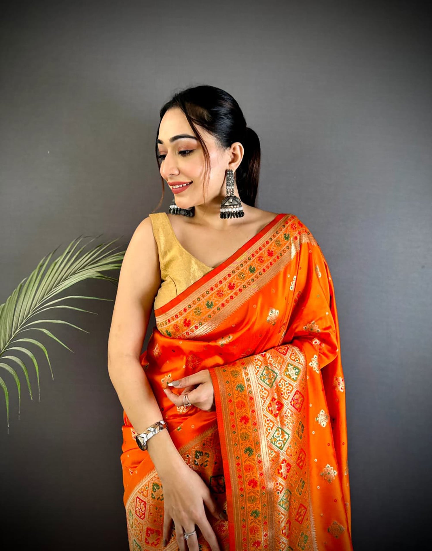 Orange Banarasi Lichi Silk Saree with Meenakari Weaving
