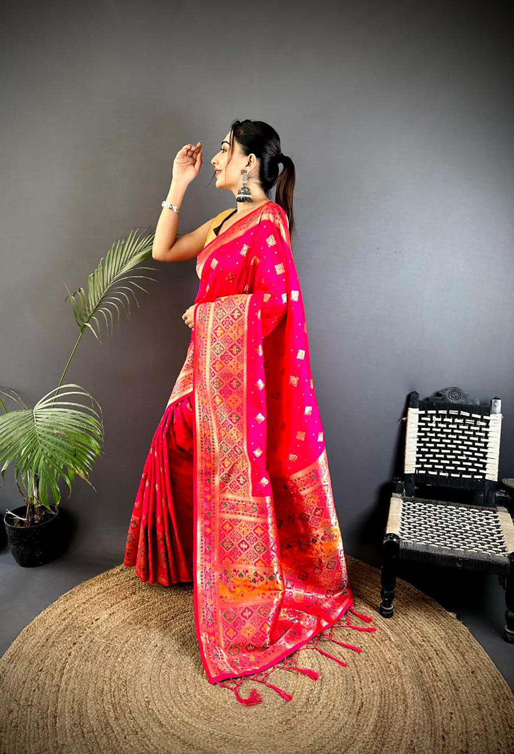 Coral Pink Banarasi Lichi Silk Saree with Meenakari Weaving