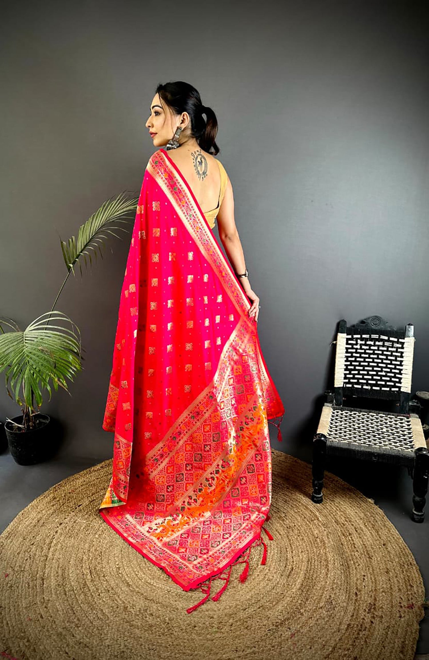 Coral Pink Banarasi Lichi Silk Saree with Meenakari Weaving