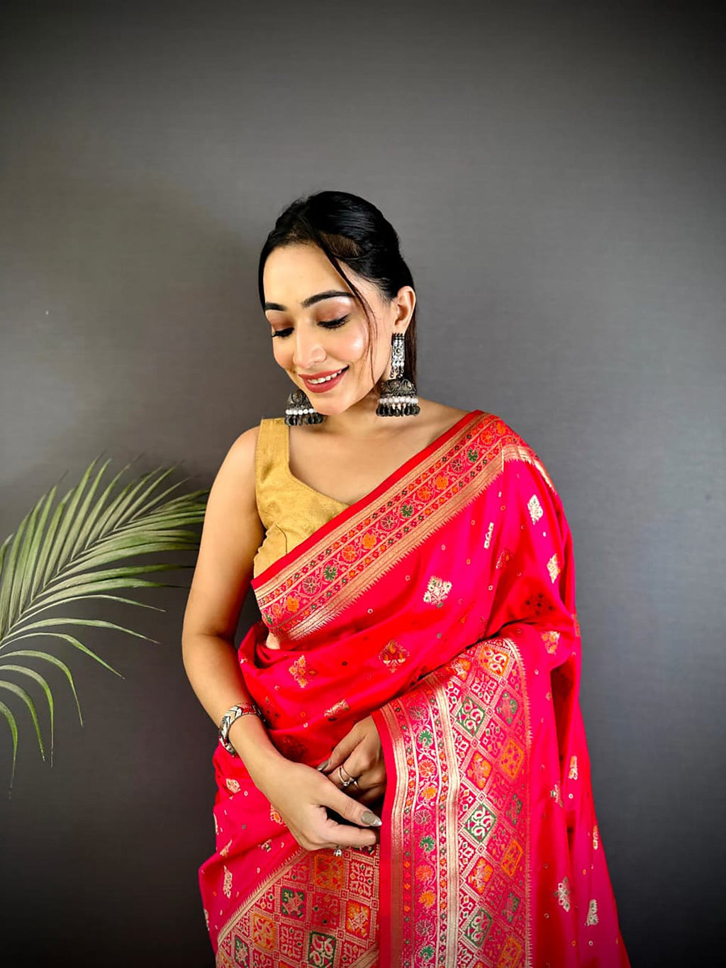 Coral Pink Banarasi Lichi Silk Saree with Meenakari Weaving