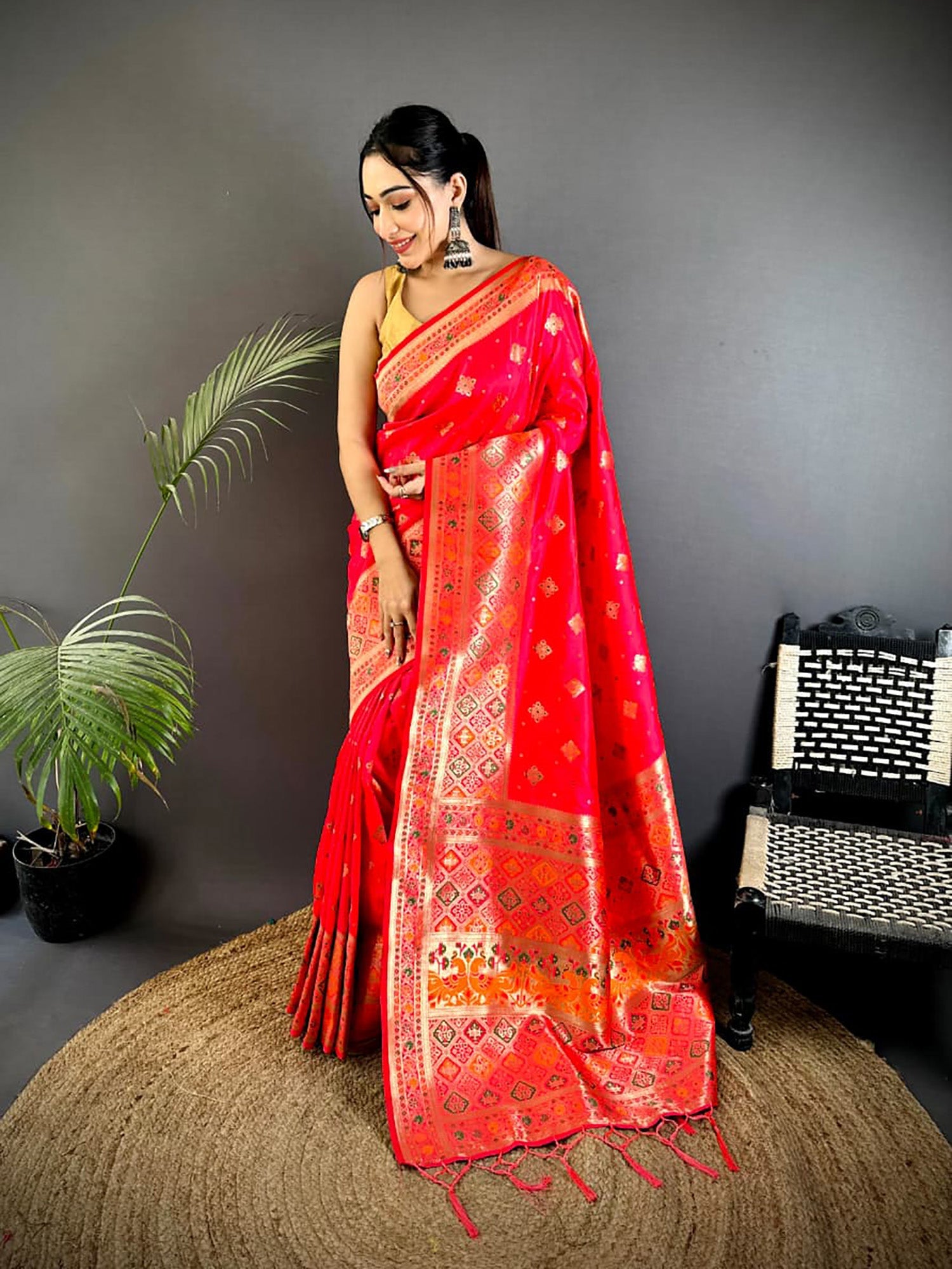 Red Banarasi Lichi silk saree with detailed Meenakari weaving