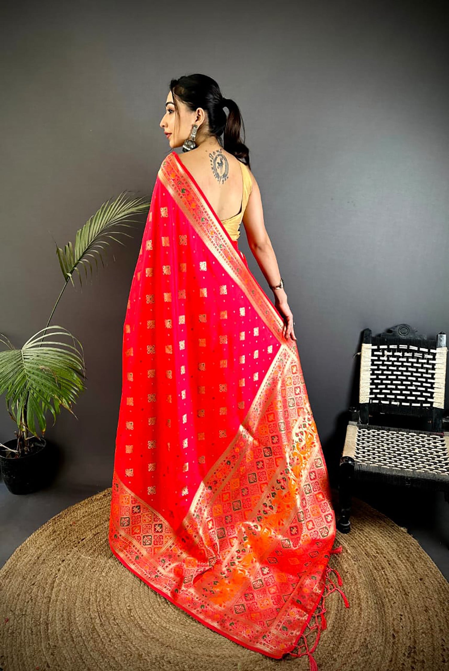 Red Banarasi Lichi Silk Saree with Meenakari Weaving