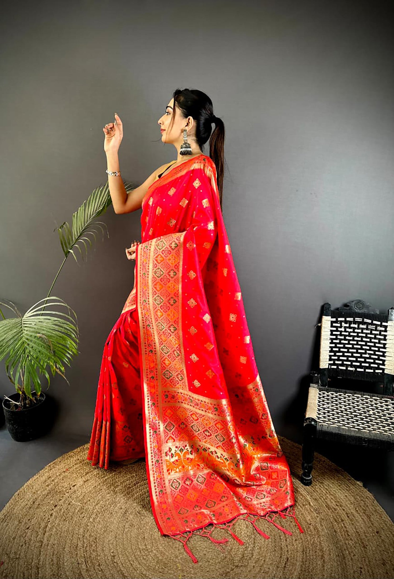 Red Banarasi Lichi Silk Saree with Meenakari Weaving