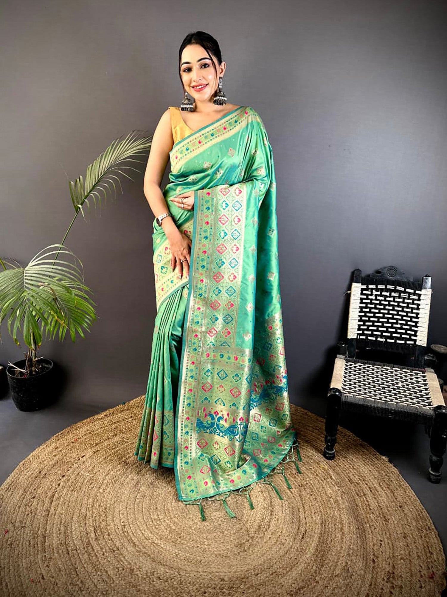 Sea Green Banarasi Lichi silk saree with traditional Meenakari weaving