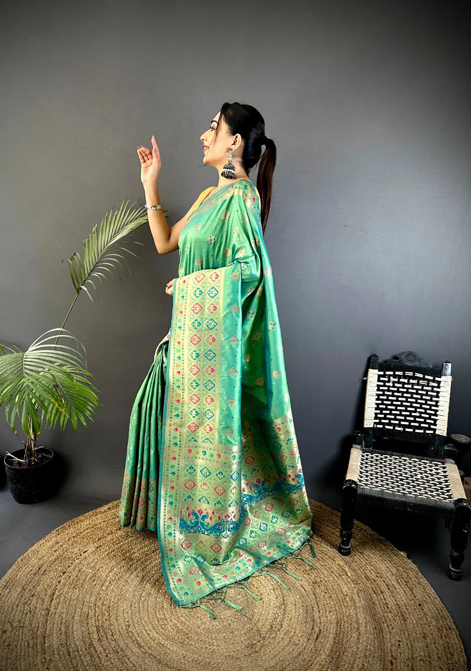 Sea Green Banarasi Lichi Silk Saree with Meenakari