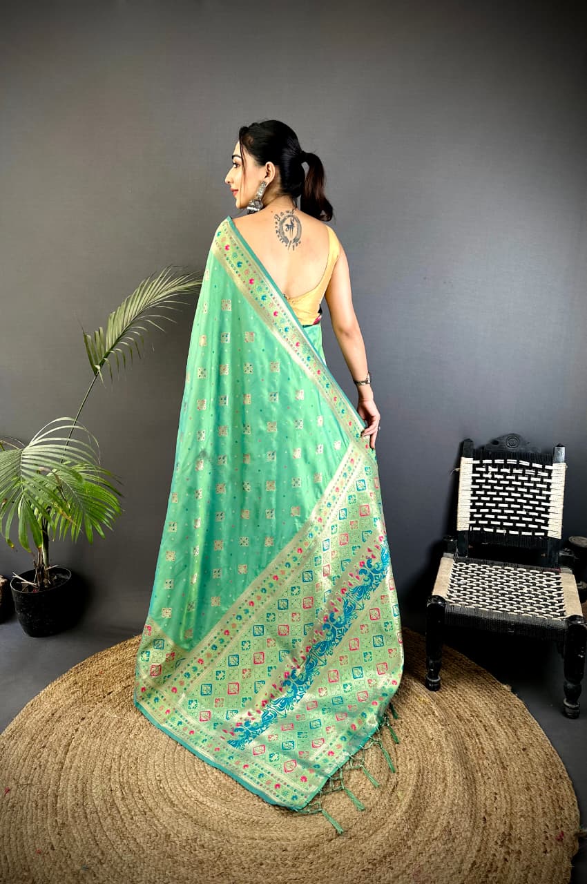 Sea Green Banarasi Lichi Silk Saree with Meenakari