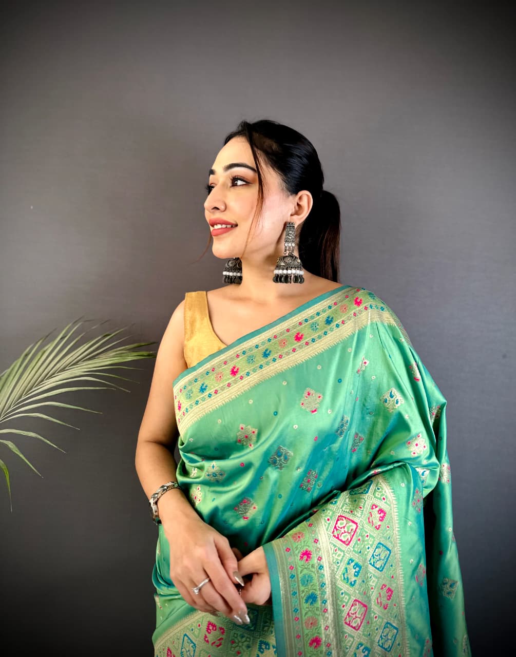 Sea Green Banarasi Lichi Silk Saree with Meenakari