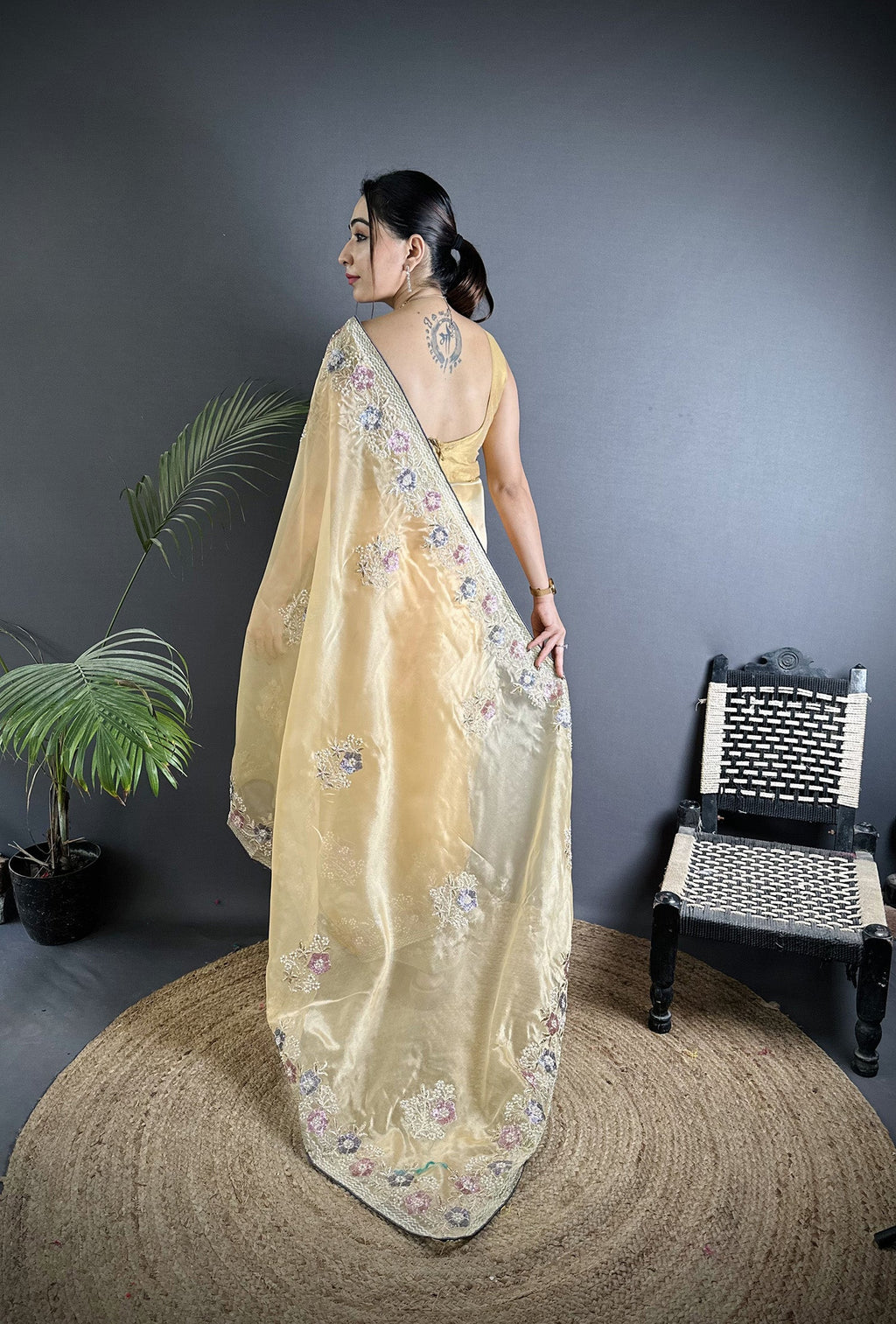 Bright Yellow Organza Silk Saree with Dubble Sequence Embellishments