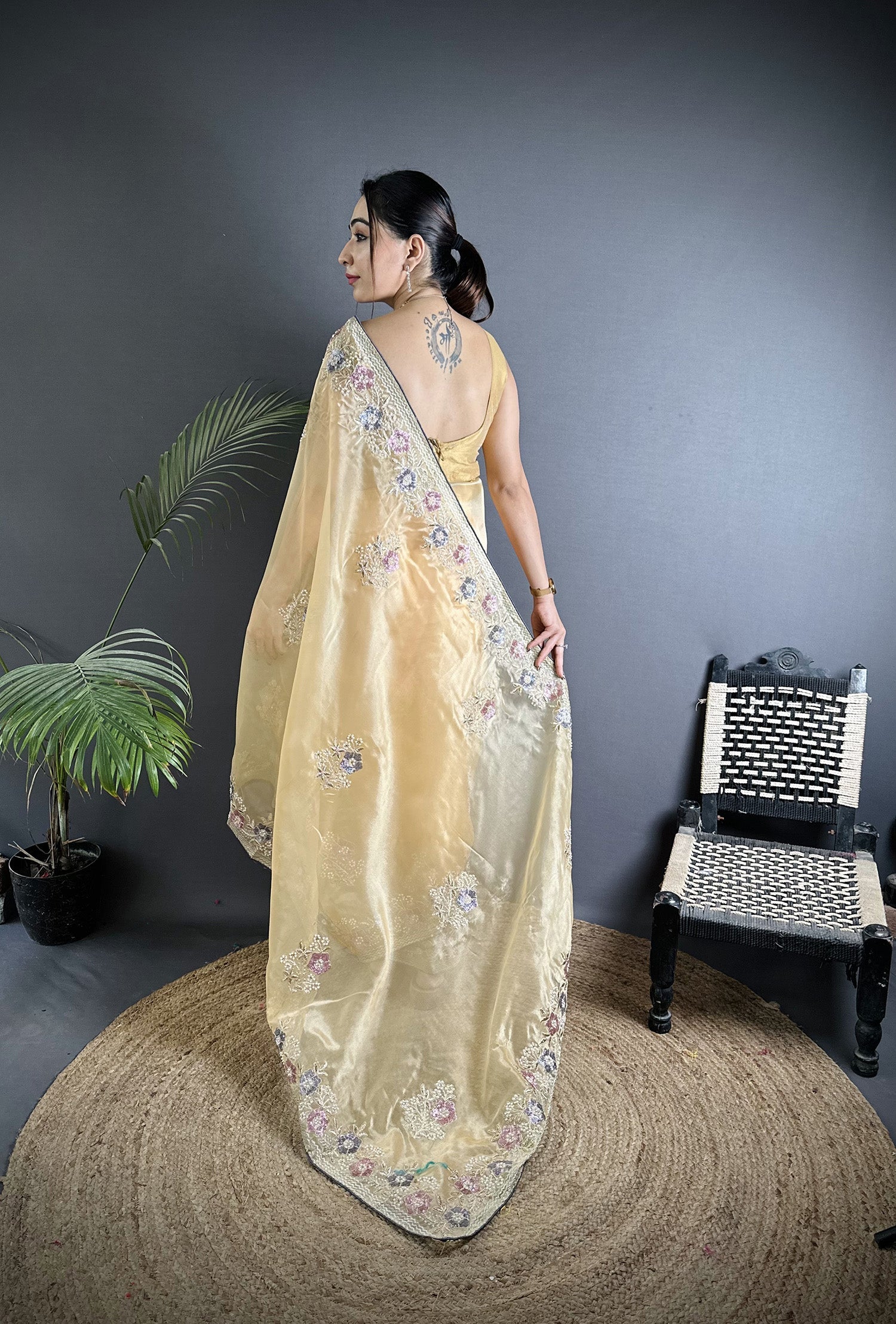 Bright Yellow Organza Silk Saree with Dubble Sequence Embellishments