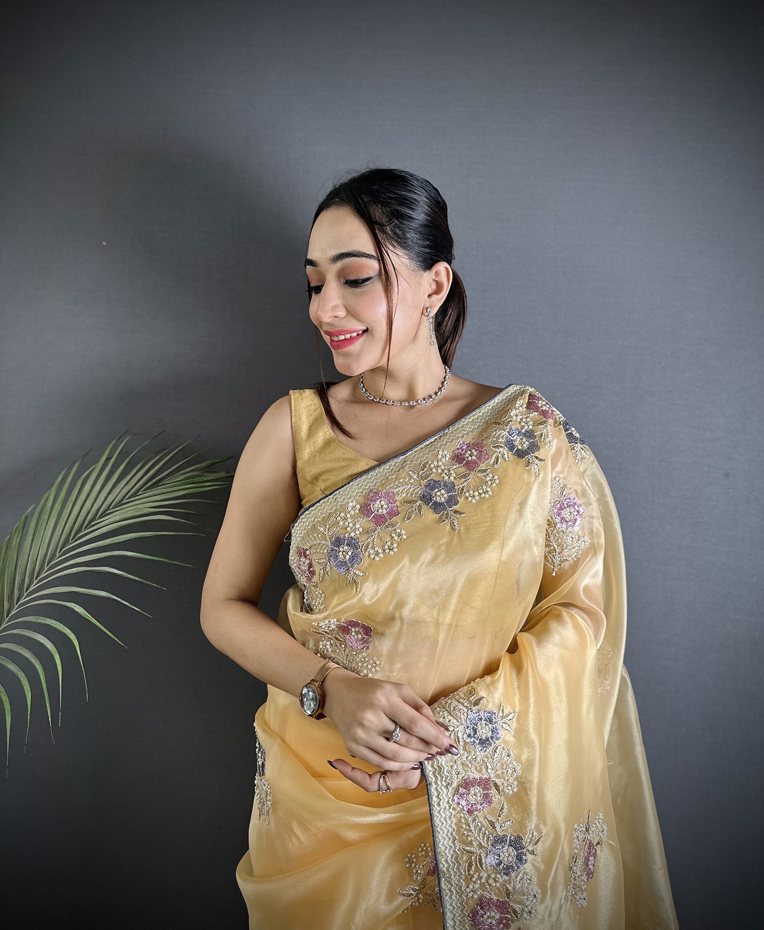 Bright Yellow Organza Silk Saree with Dubble Sequence Embellishments
