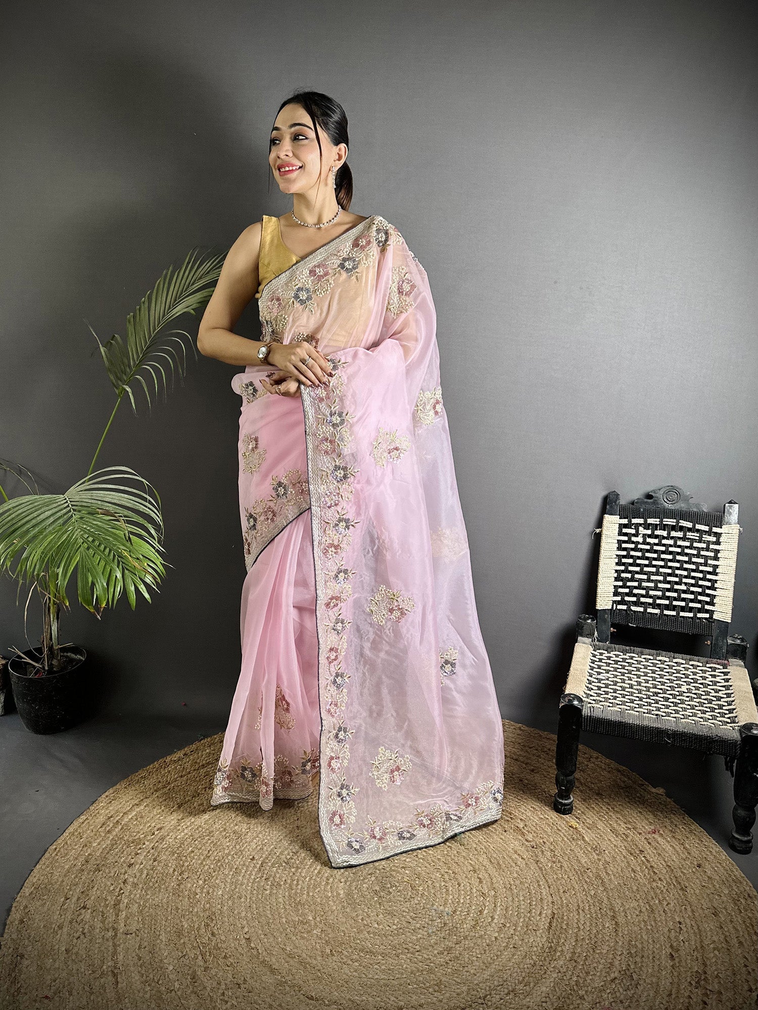 Light Pink Organza Silk Saree with Dubble Sequence Detailing