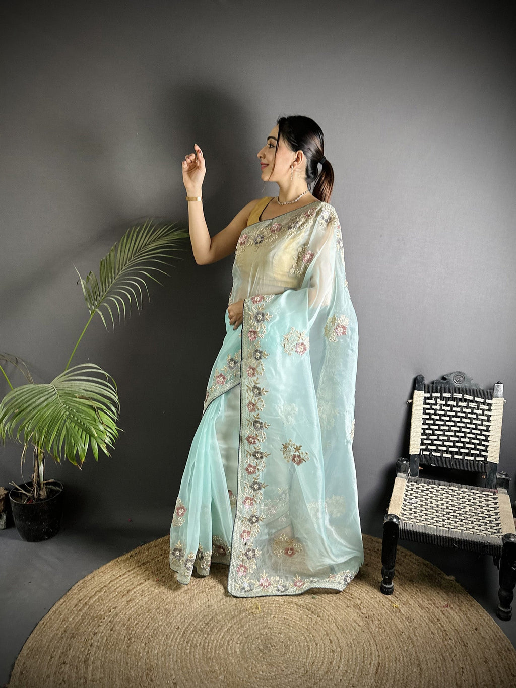 Sky Blue Organza Silk Saree with Double Sequence and Pink Blouse