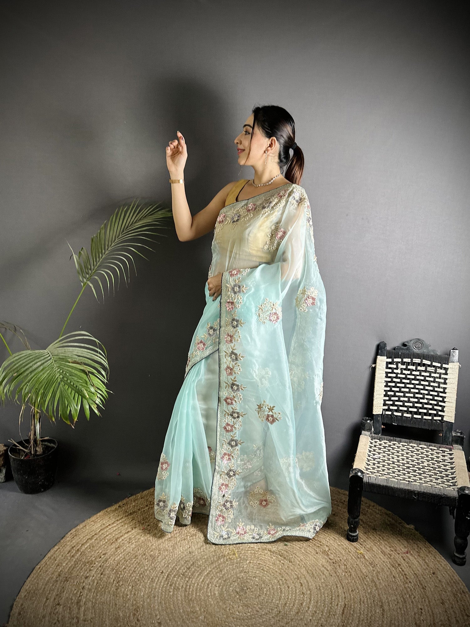 Sky Blue Organza Silk Saree with Double Sequence and Pink Blouse