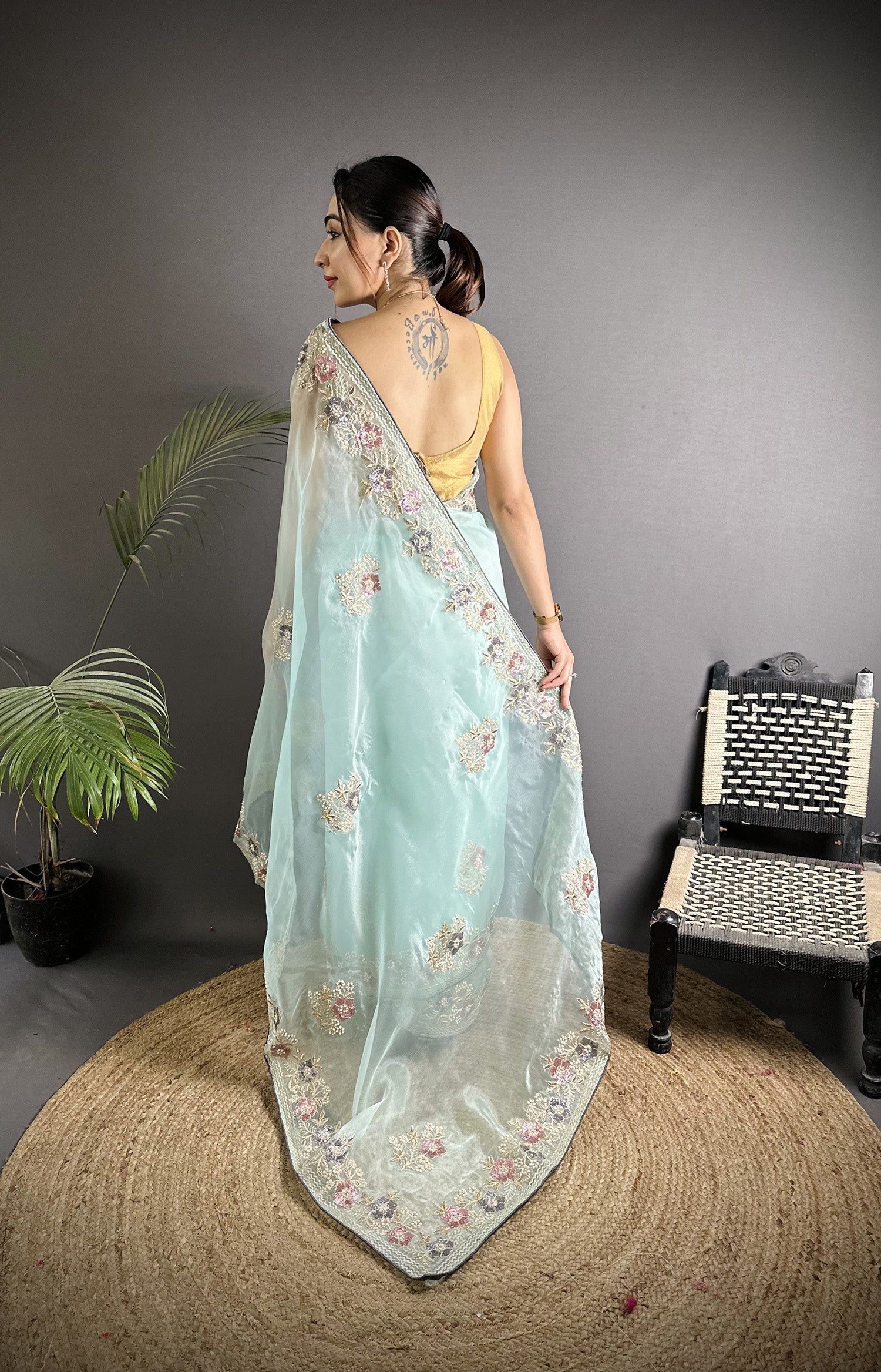 Sky Blue Organza Silk Saree with Double Sequence and Pink Blouse