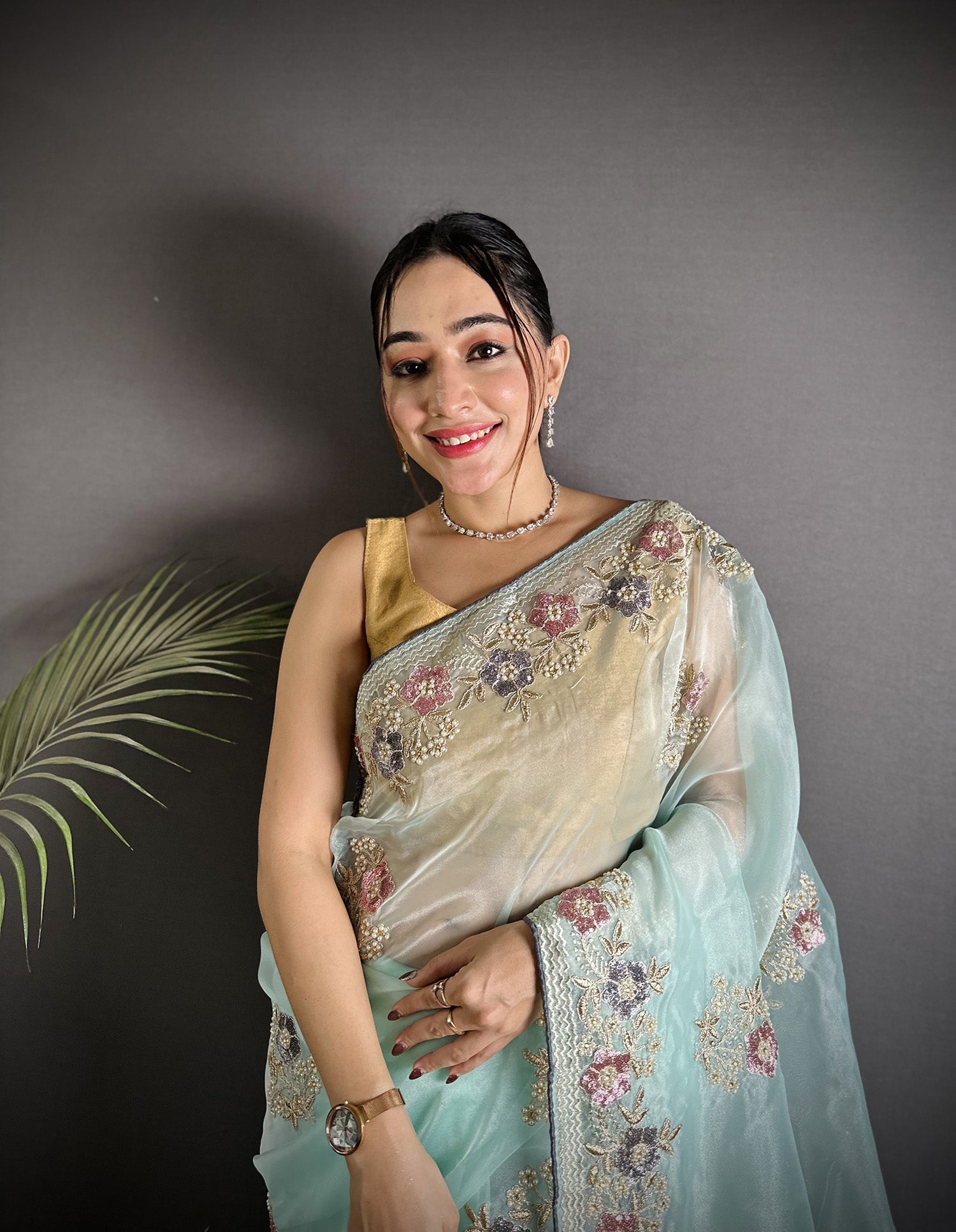 Sky Blue Organza Silk Saree with Double Sequence and Pink Blouse